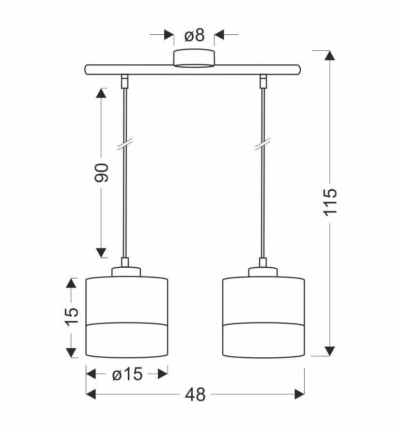 Schéma technique coté de la suspension, dimensions en centimètres et diamètres des abat-jours.