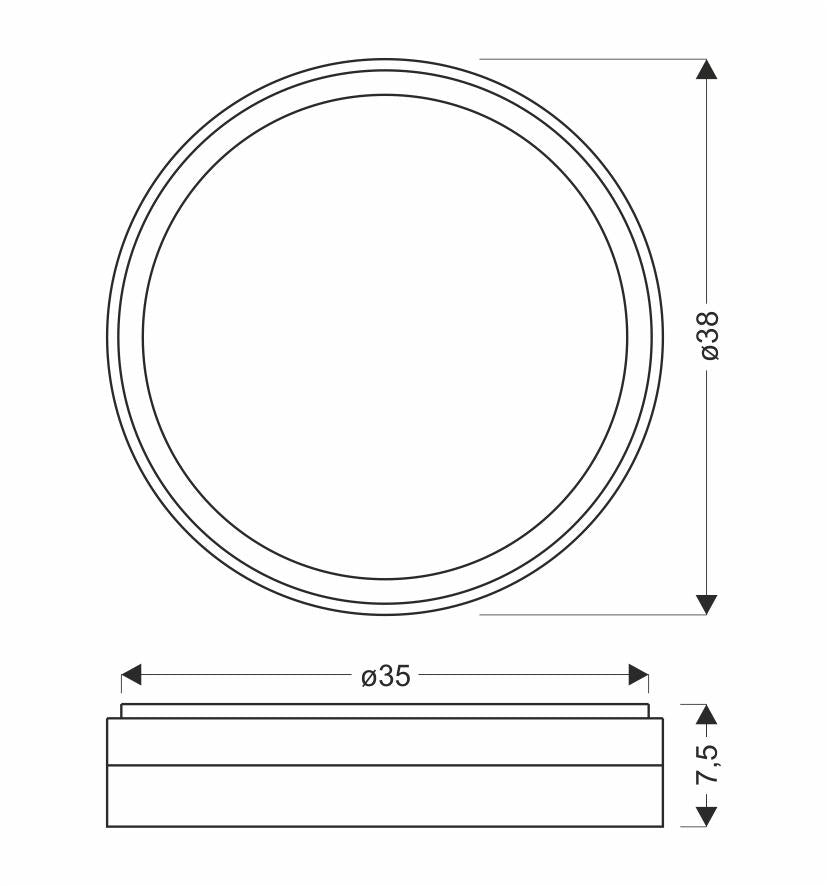 Schéma coté indiquant diamètre 38 cm, 35 cm et hauteur 7,5 cm