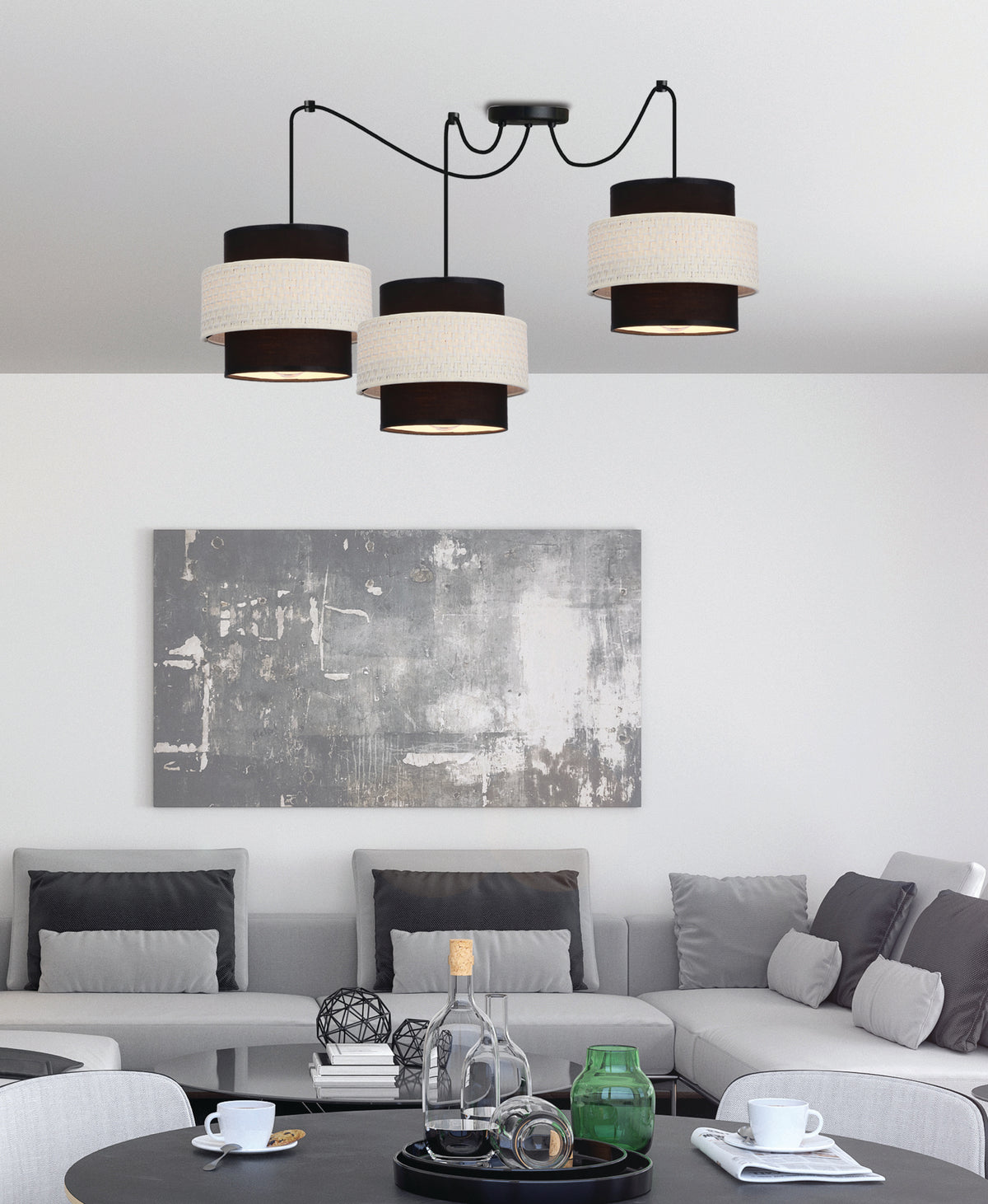 Suspension installée au plafond d'un salon contemporain avec canapé gris et table basse noire.