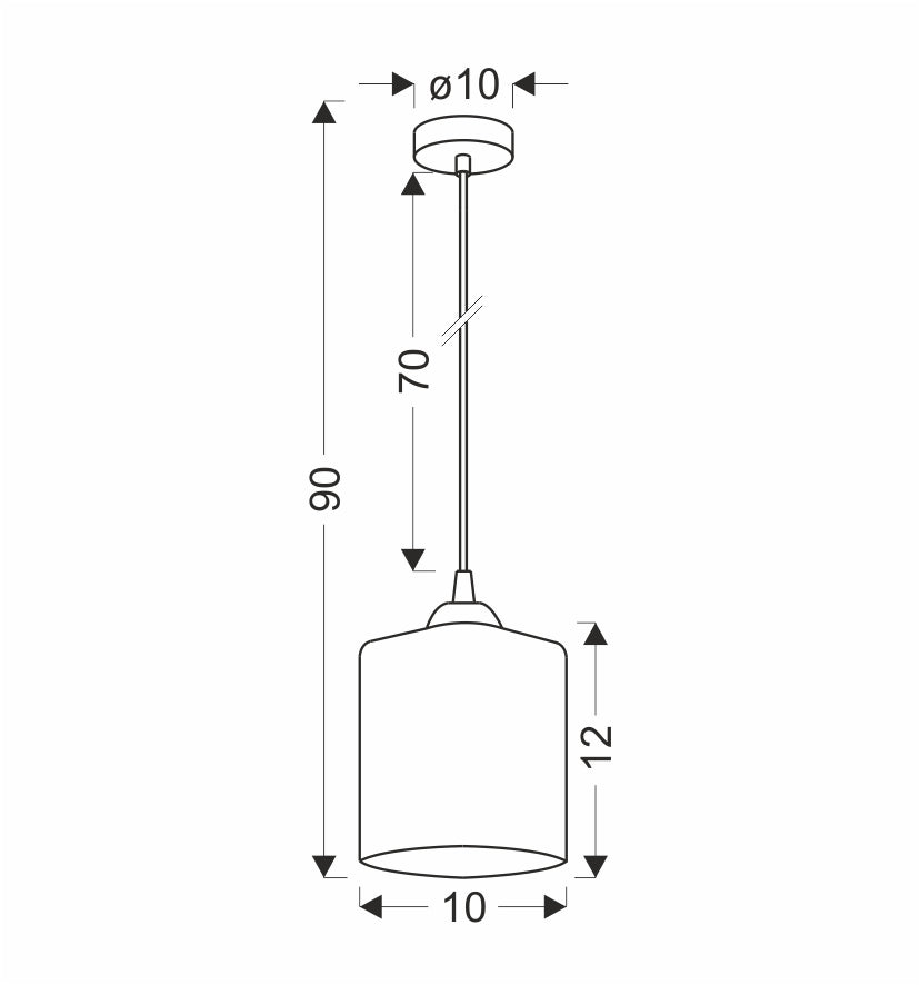 Schéma coté du luminaire indiquant hauteur totale 90 cm et diamètre 10 cm