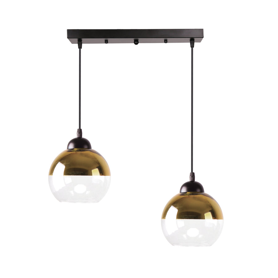 Vue de face d'une suspension double noire et dorée, verre transparent, fond blanc