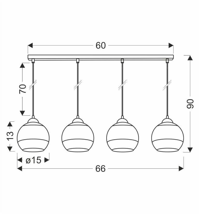 Schéma de dimensions coté du rail et des globes en verre suspendus