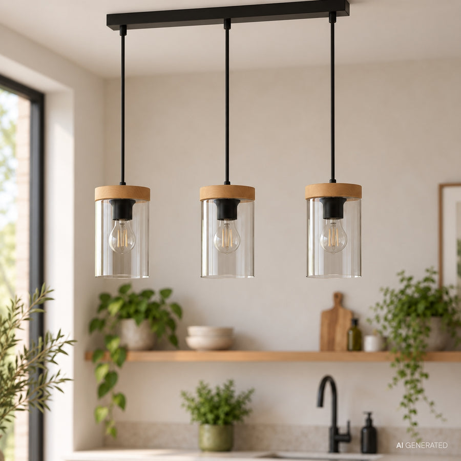 Gros plan sur les trois luminaires suspendus, ampoules visibles dans le verre transparent