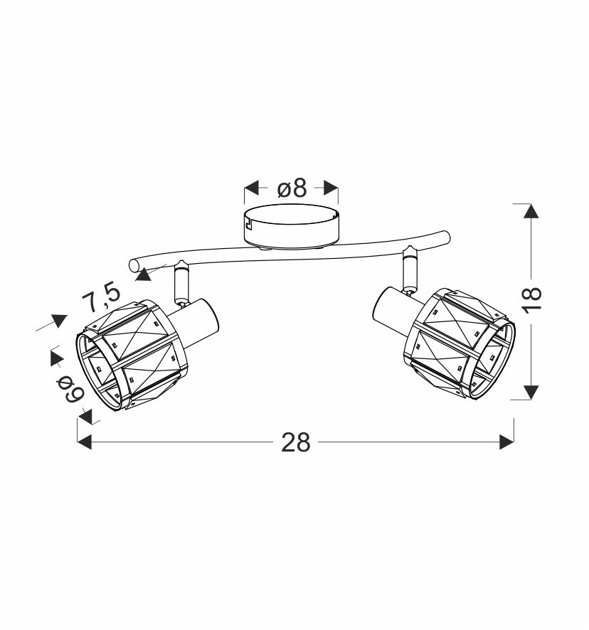 Dessin coté du plafonnier avec base Ø 8 cm, longueur 28 cm et hauteur 18 cm.