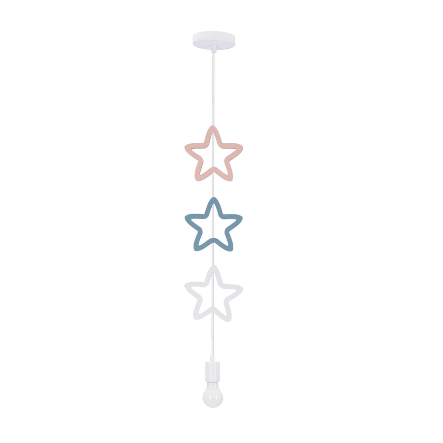 Suspension blanche avec trois étoiles ajourées rose, bleue et blanche, ampoule incluse.