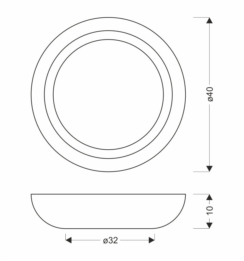 Schéma technique du plafonnier avec dimensions : diamètre 40 cm et hauteur 10 cm.