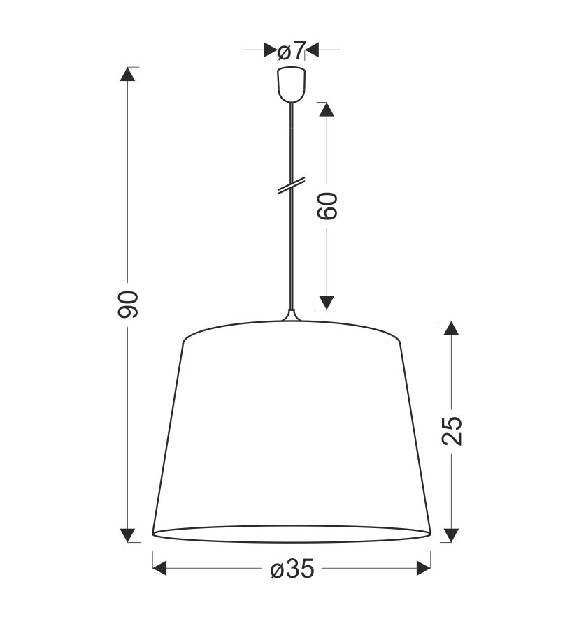 Schéma technique coté : hauteur totale 90 cm, hauteur abat-jour 25 cm, diamètre bas 35 cm