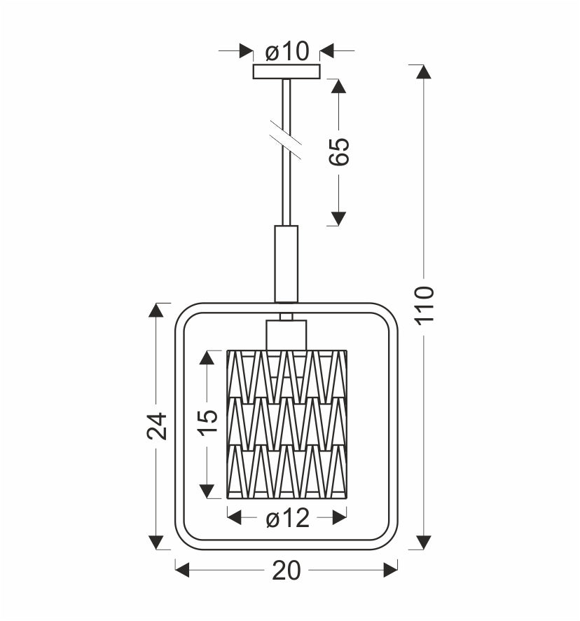 Schéma coté du luminaire indiquant hauteur, diamètre et dimensions du cadre carré