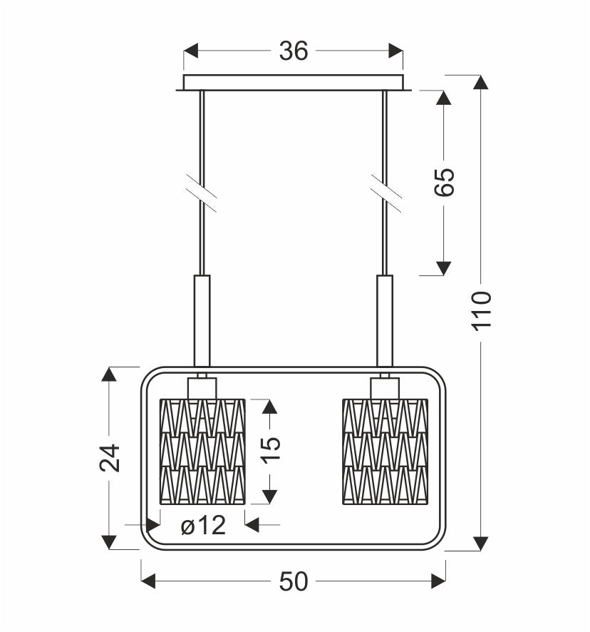 Schéma de dimensions de la suspension avec hauteur totale et diamètre des abat-jours.