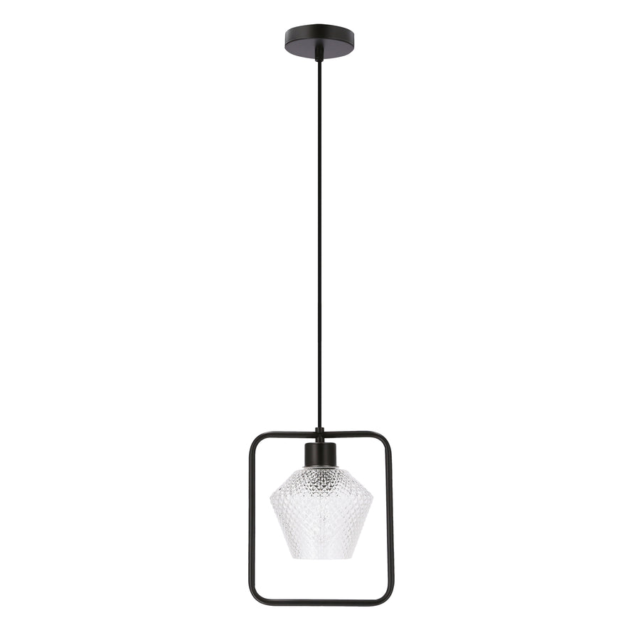 Suspension noire à cadre carré et verre texturé diamant sur fond blanc