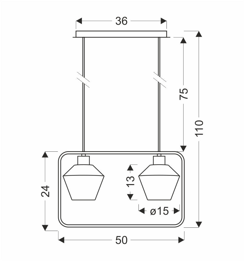 Schéma technique coté : hauteur réglable, largeur du cadre et diamètre des diffuseurs