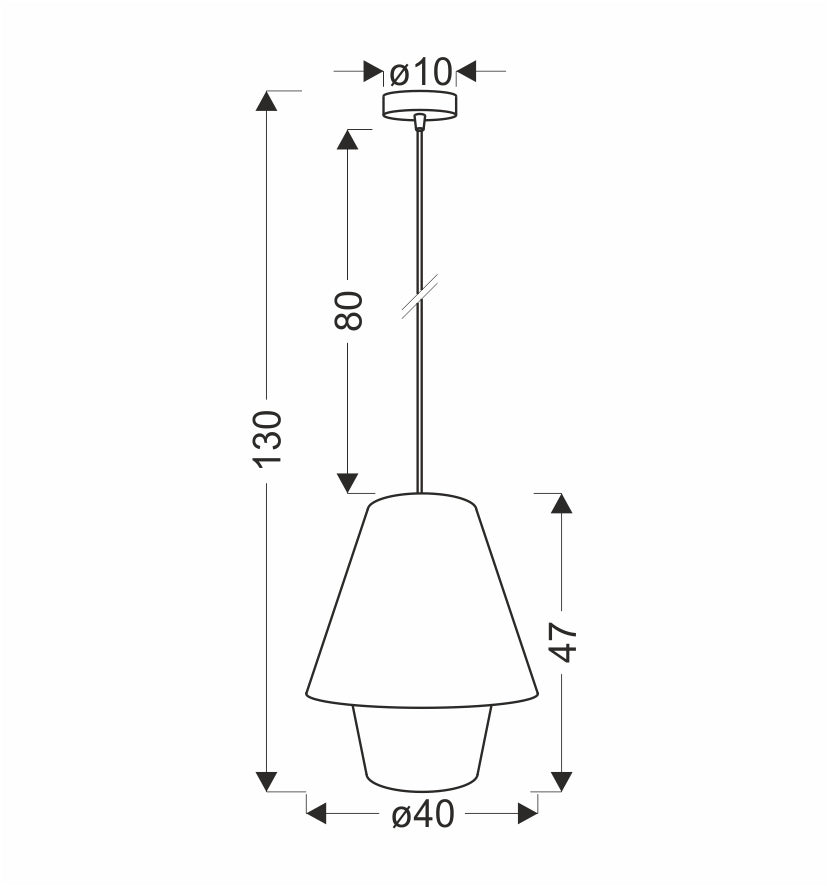 Schéma coté du luminaire : hauteur totale 130 cm, diamètre 40 cm