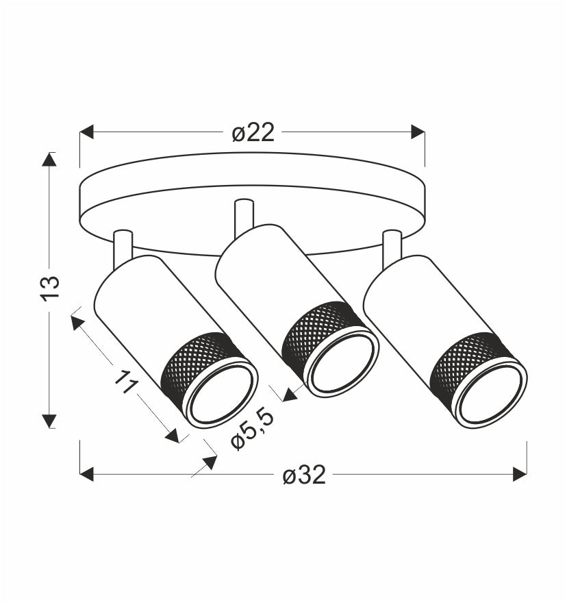 Schéma coté du luminaire indiquant diamètre 32 cm, hauteur 13 cm et spots de 11 cm