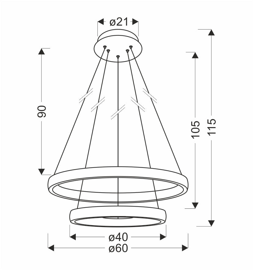 Schéma coté de la suspension : hauteur 115 cm et diamètre 60 cm