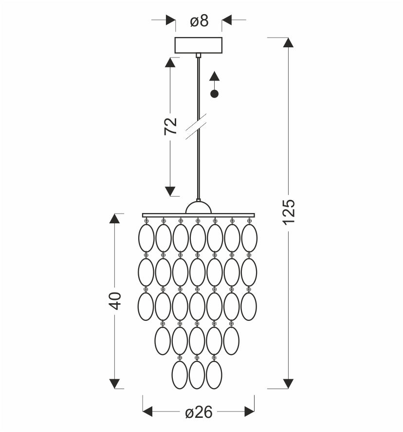 Schéma coté du luminaire : hauteur totale 125 cm et diamètre 26 cm
