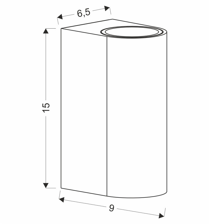 Schéma de dimensions indiquant hauteur 15 cm, largeur 9 cm et profondeur 6,5 cm