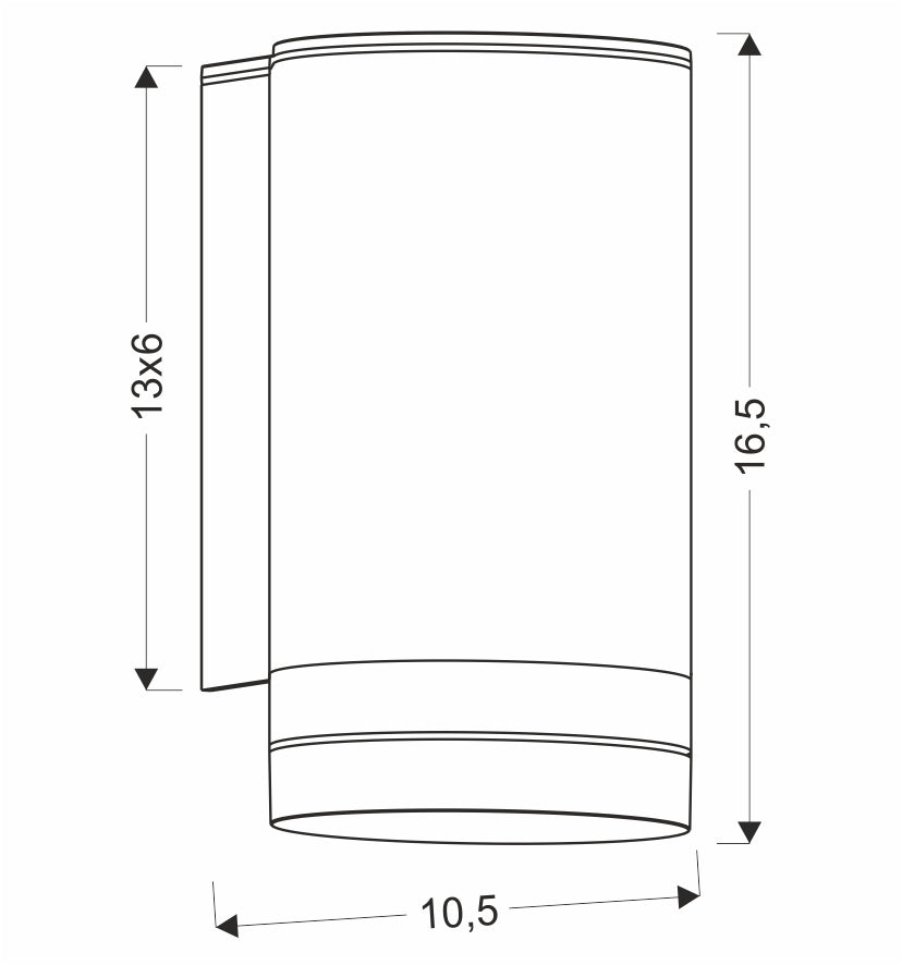 Schéma coté du luminaire avec hauteur 16,5 cm et largeur 10,5 cm.