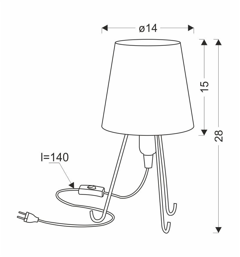 Schéma coté : diamètre abat-jour 14 cm, hauteur 28 cm, câble 140 cm.