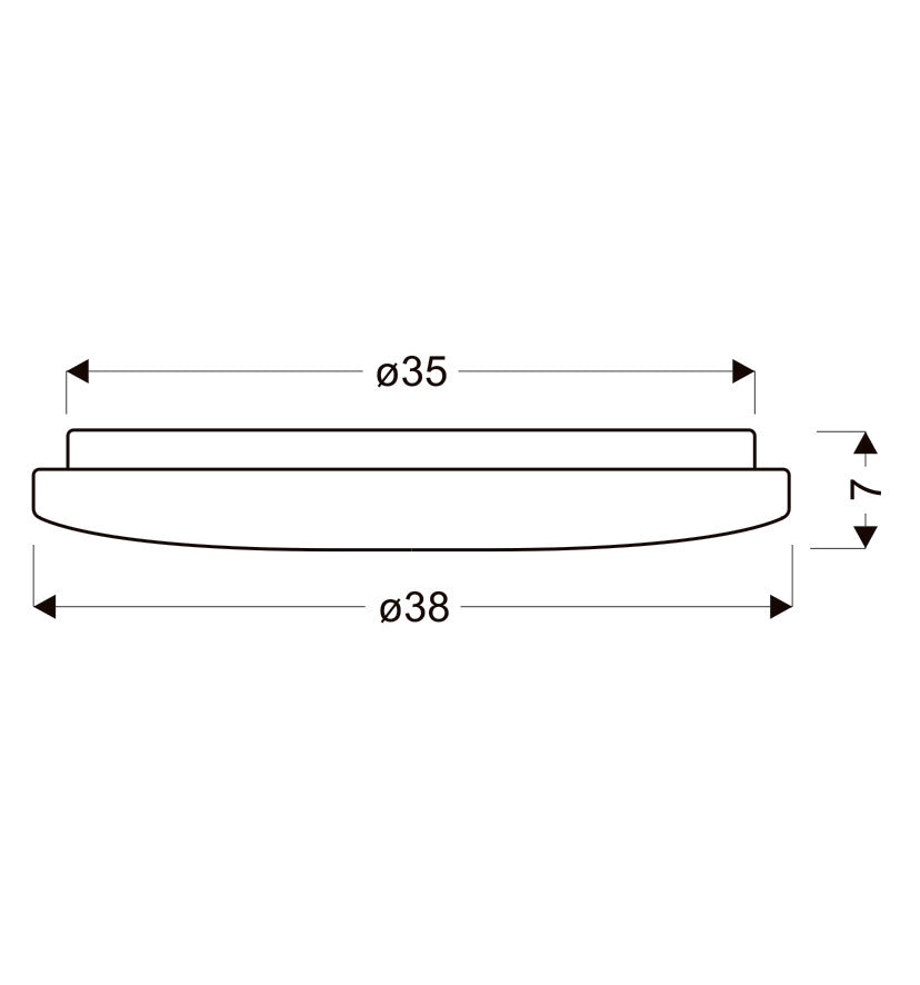 Schéma de dimensions : diamètre supérieur 35 cm, diamètre inférieur 38 cm, hauteur 7 cm.