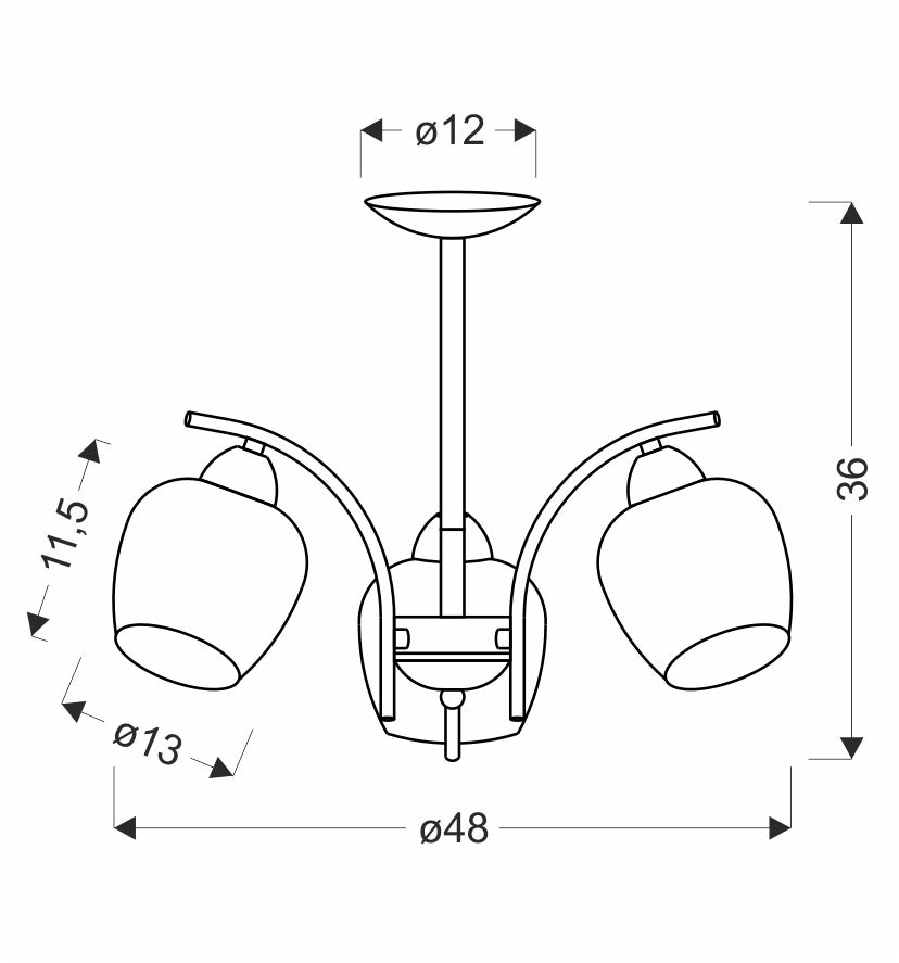 Schéma coté du luminaire : hauteur 36 cm, diamètre 48 cm, verres 13 cm