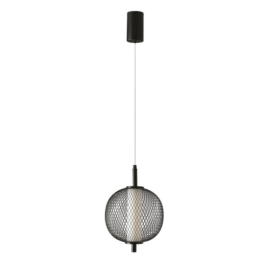 Vue de face du luminaire suspendu noir avec abat-jour sphérique en résille métallique.