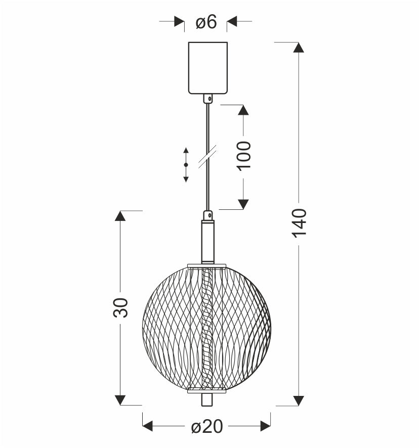 Schéma technique avec dimensions du luminaire, hauteur totale 140 et diamètre 20.