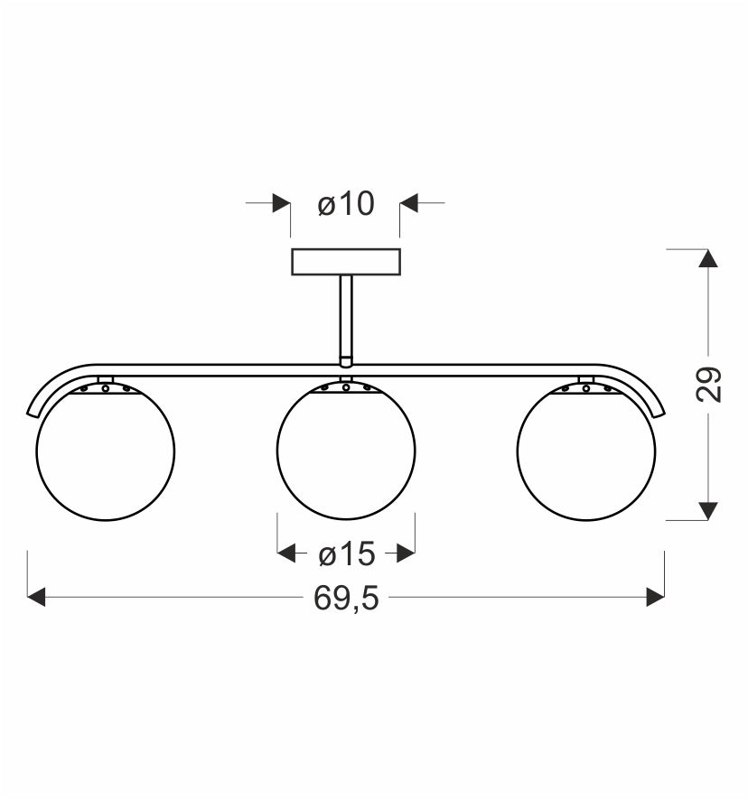 Schéma coté du luminaire, largeur 69,5 cm et hauteur 29 cm