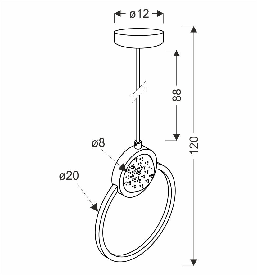 Schéma de dimensions de la suspension avec diamètres, hauteur et longueur de câble