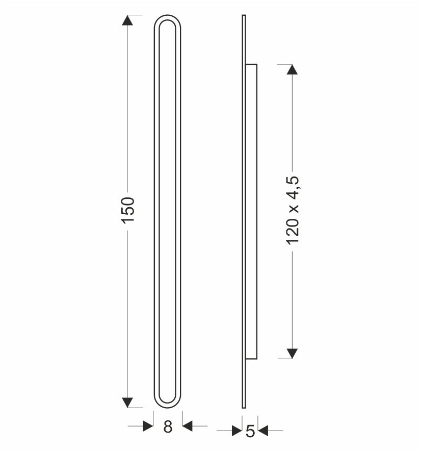 Schéma technique côté avec longueur 150 cm, épaisseur 8 cm et profondeur 5 cm.