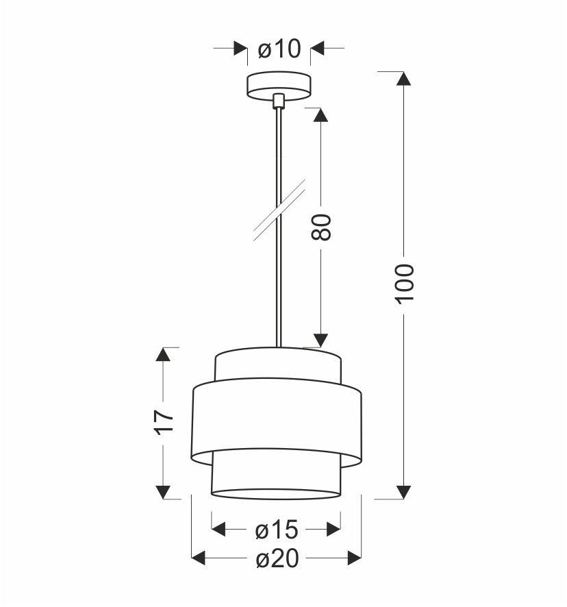Schéma coté du luminaire indiquant diamètre du pavillon, hauteur de suspension et dimensions abat-jour