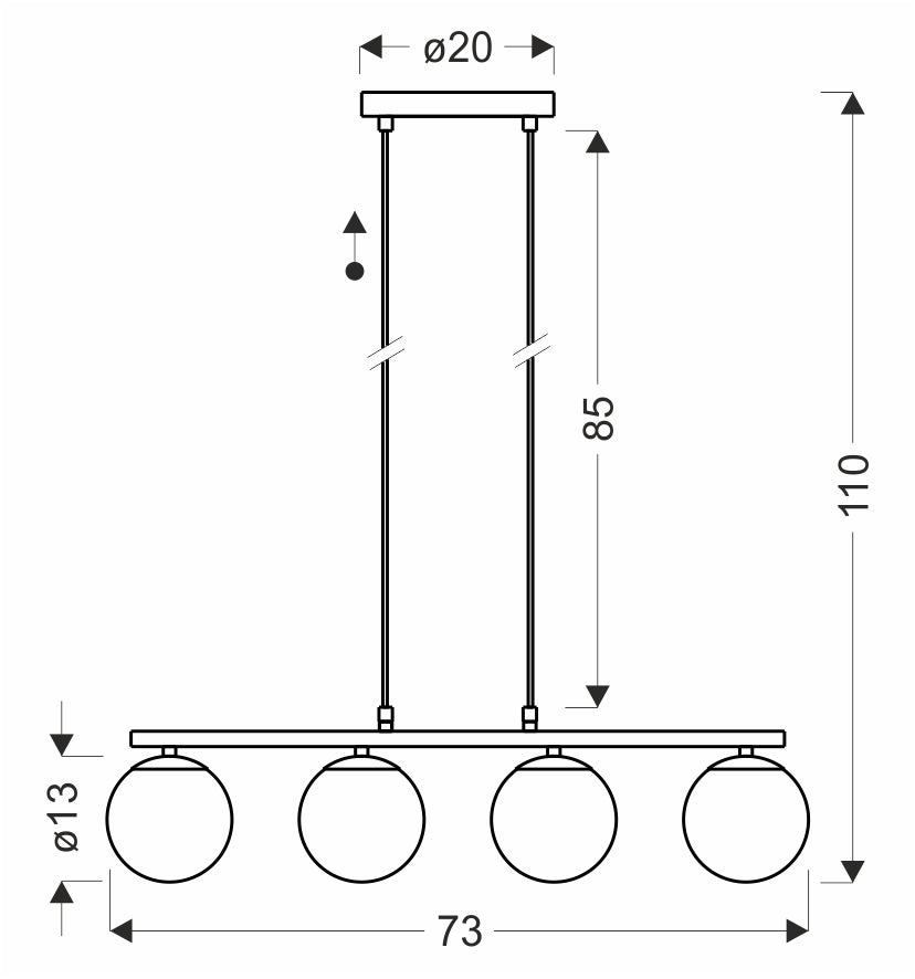 Schéma coté du luminaire avec largeur 73 cm et hauteur totale 110 cm.