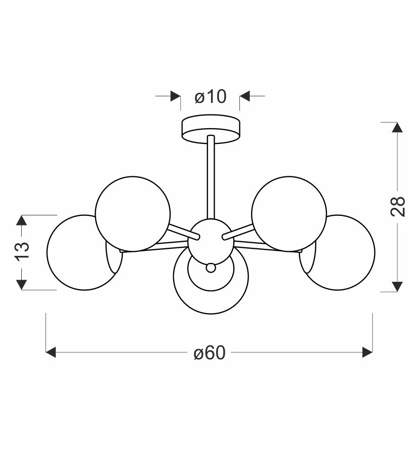 Schéma technique coté du luminaire, diamètre soixante et hauteur vingt-huit centimètres