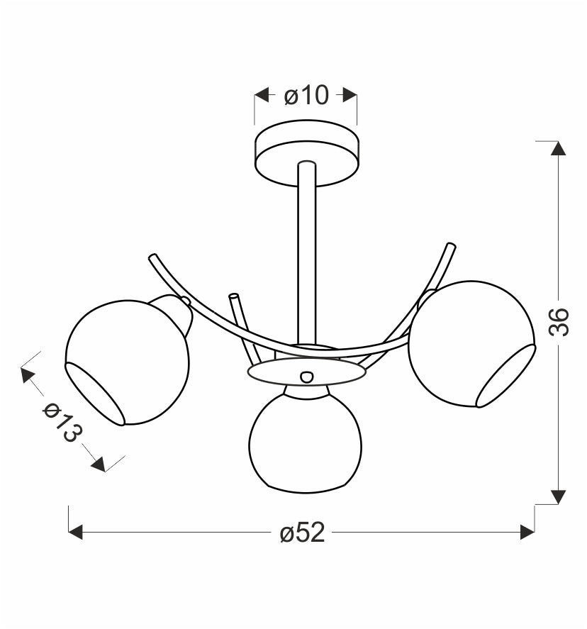 Schéma coté du luminaire : diamètre 52 cm, hauteur 36 cm, rosace 10 cm