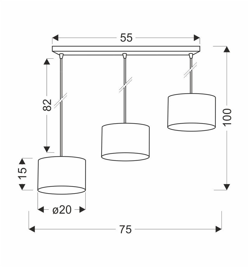 Schéma coté du luminaire : largeur 55 cm, hauteur totale 100 cm
