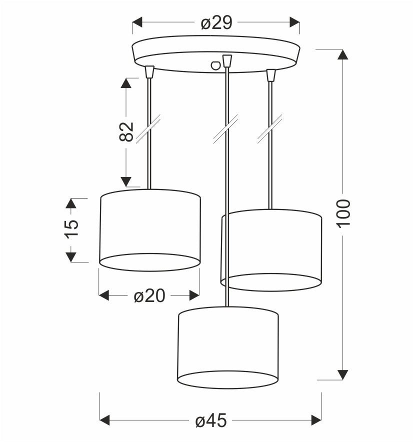 Schéma technique coté : diamètre du plateau, hauteur totale et dimensions des abat-jours cylindriques.