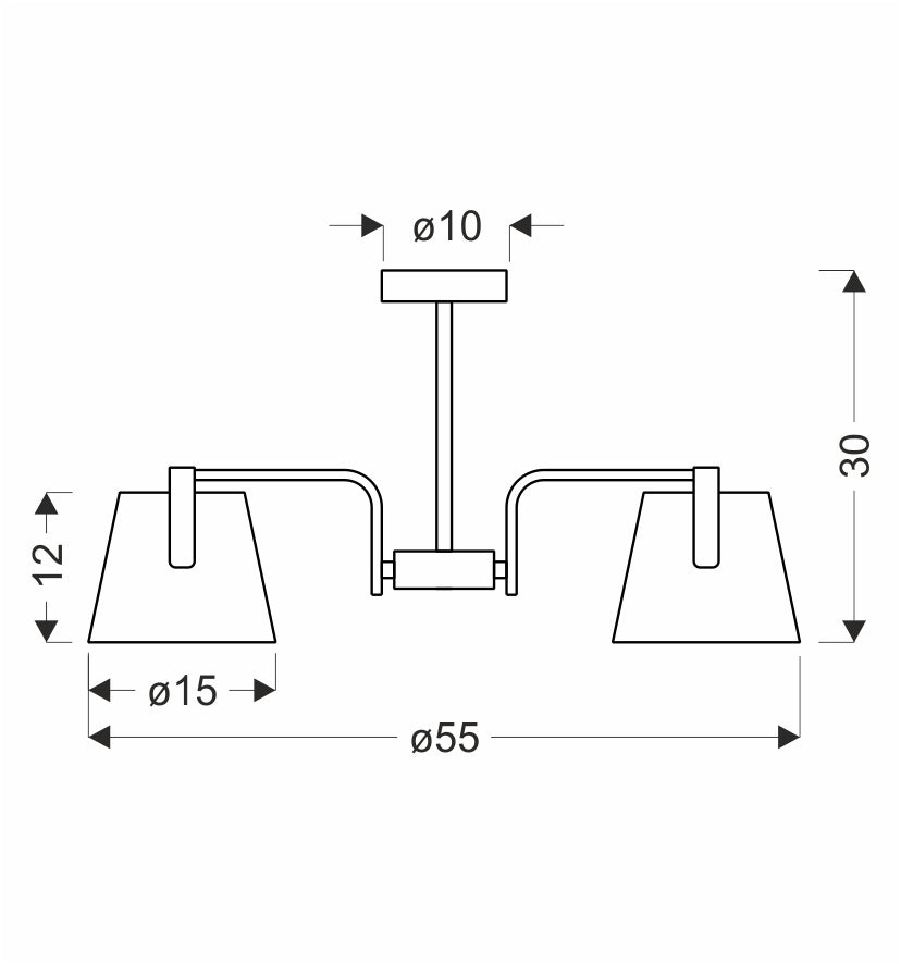 Schéma technique coté avec dimensions du luminaire et diamètre des abat-jours