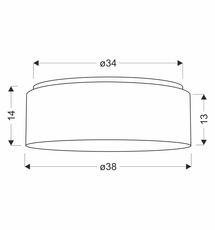 Schéma de dimensions du plafonnier : diamètre 38 cm, hauteur 13 cm.
