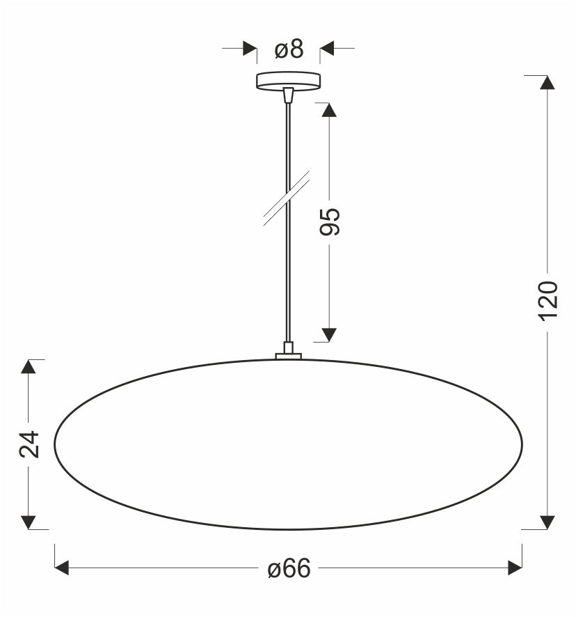 Schéma coté de la suspension : diamètre 66 cm, hauteur 24 cm, câble réglable 95 cm.