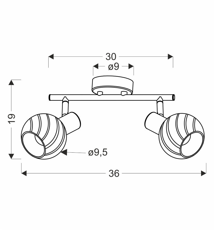 Schéma coté du plafonnier, dimensions 36 cm de large et 19 cm de haut