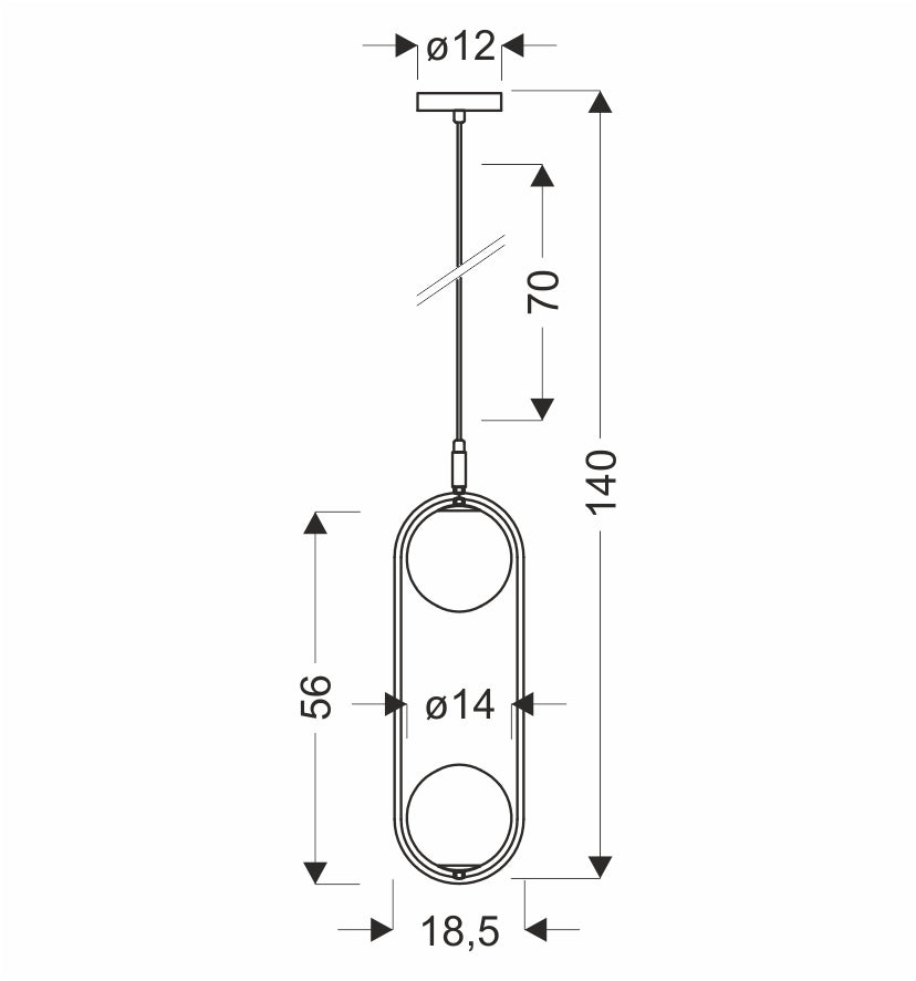 Schéma coté du luminaire avec hauteur totale, diamètre du cadre et longueur du câble
