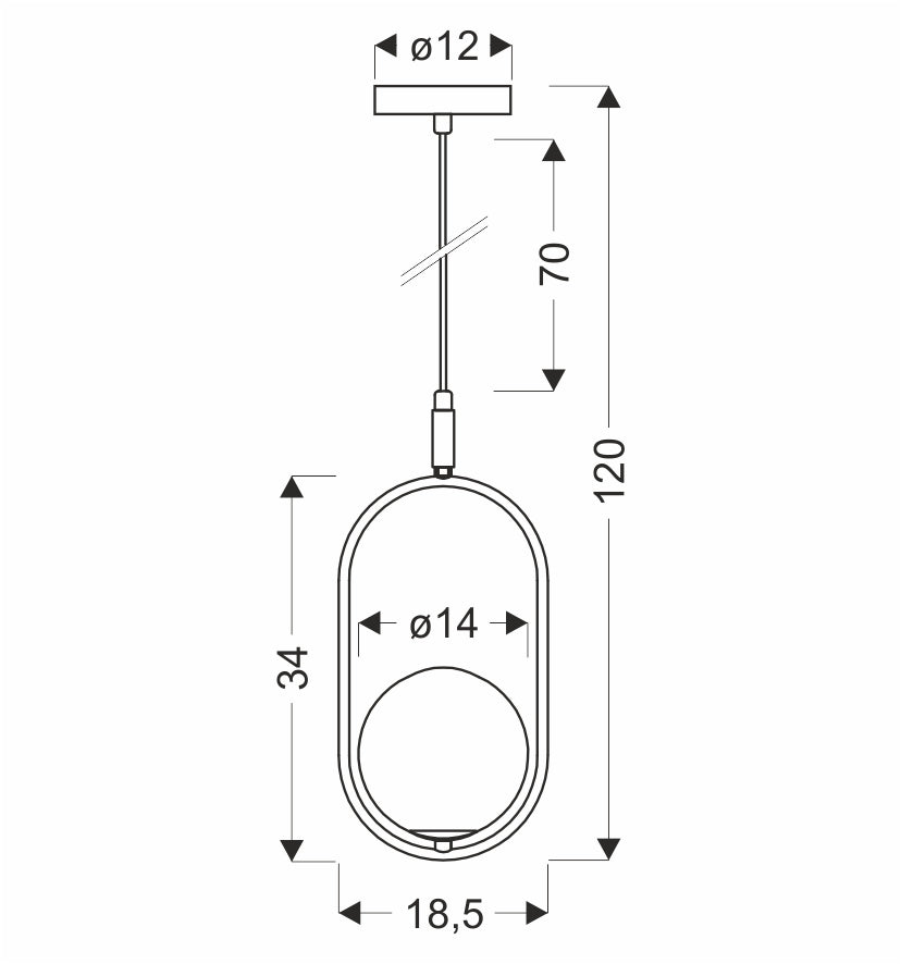 Schéma coté du luminaire avec diamètre, hauteur et largeur du cadre