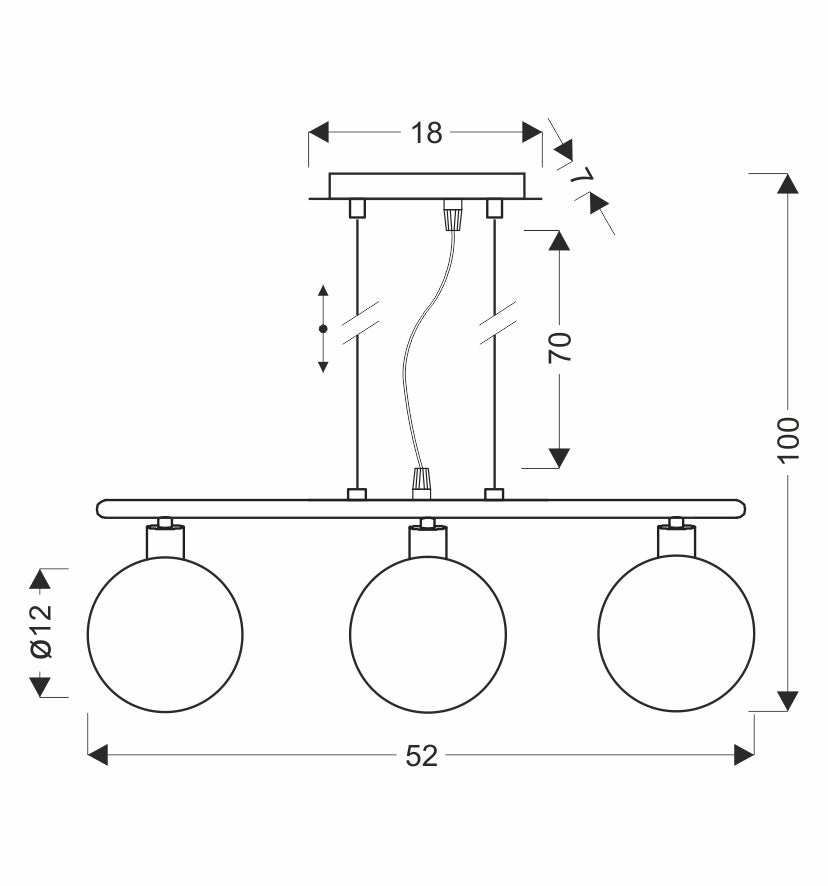 Schéma de dimensions coté indiquant largeur, hauteur totale et diamètre des globes