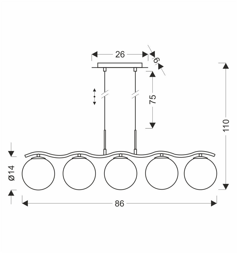 Schéma coté du luminaire indiquant largeur 86 cm, hauteur 110 cm et diamètre 14 cm