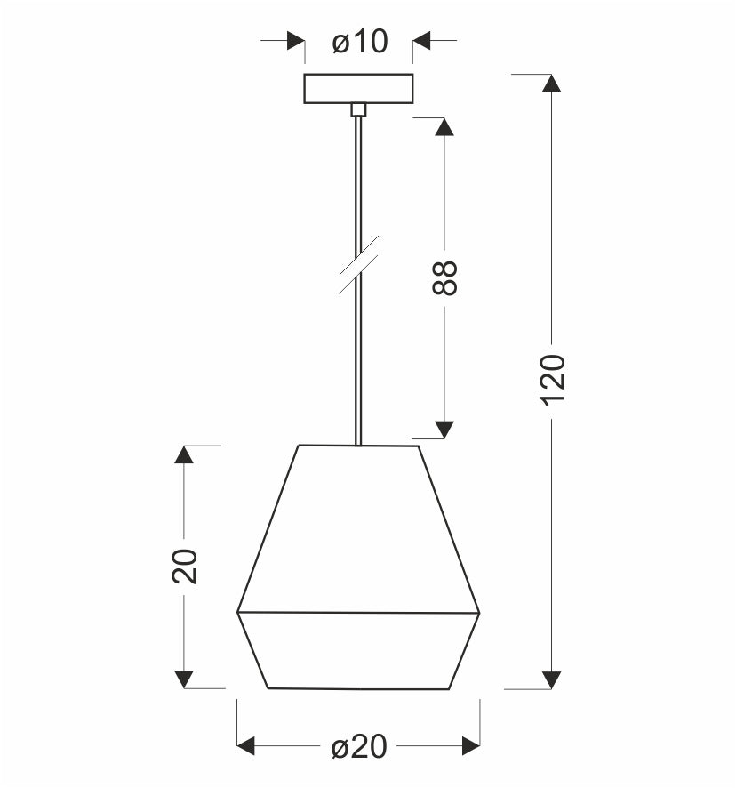 Schéma coté du luminaire : diamètre rosace, longueur de câble et hauteur totale
