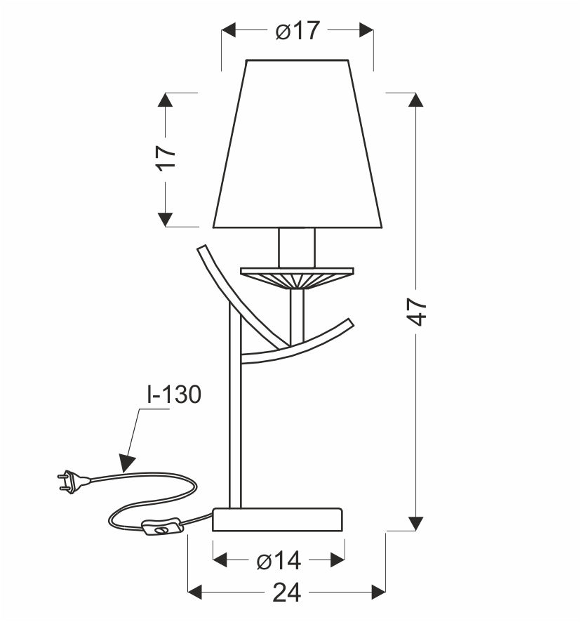 Schéma de dimensions avec hauteur totale, diamètre abat-jour et base, cordon électrique.