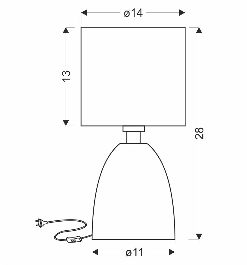 Schéma technique avec dimensions : diamètre 14 cm, hauteur 28 cm, base 11 cm