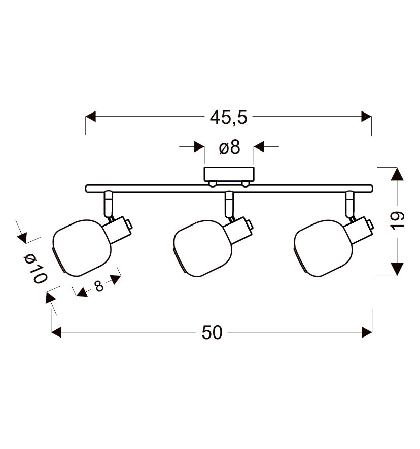 Schéma coté du luminaire : largeur 45,5 cm, hauteur 19 cm, diamètre des diffuseurs