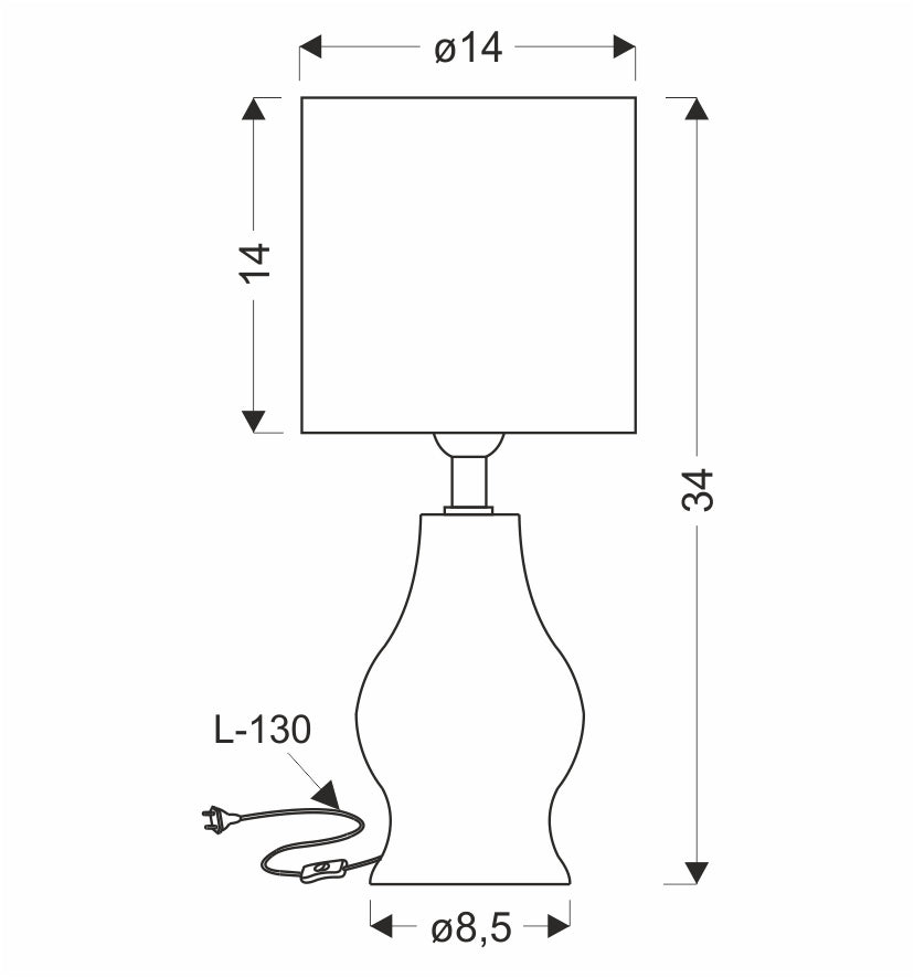Schéma coté : hauteur 34 cm, diamètre abat-jour 14 cm, base 8,5 cm, câble 130 cm.