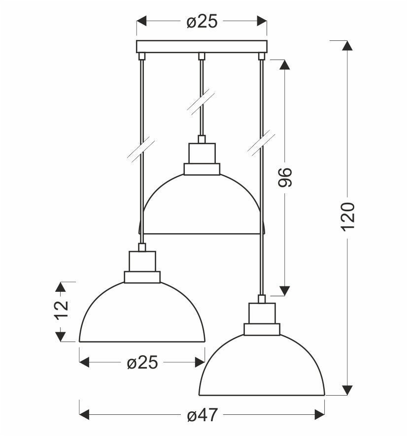 Schéma coté du luminaire avec diamètres, hauteurs et largeur indiquées