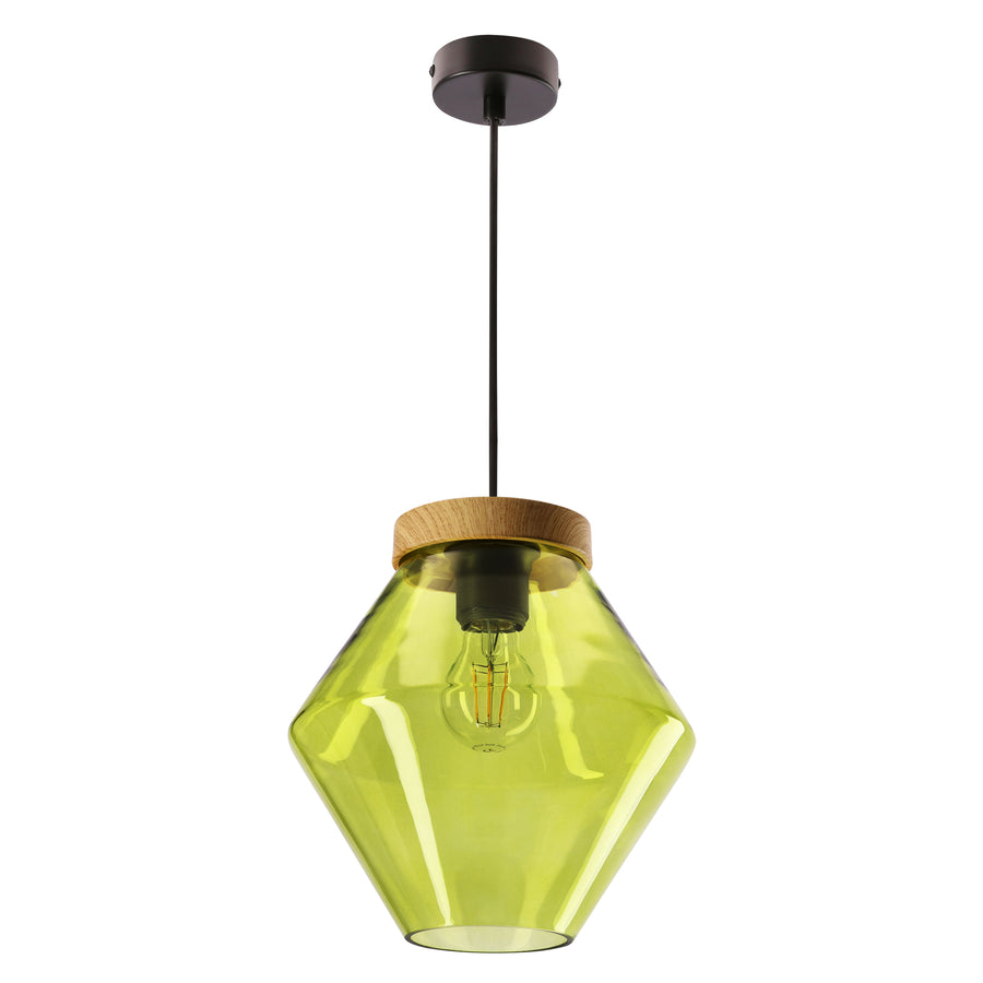 Même suspension avec abat-jour en verre vert translucide, ampoule à filament visible, fond blanc